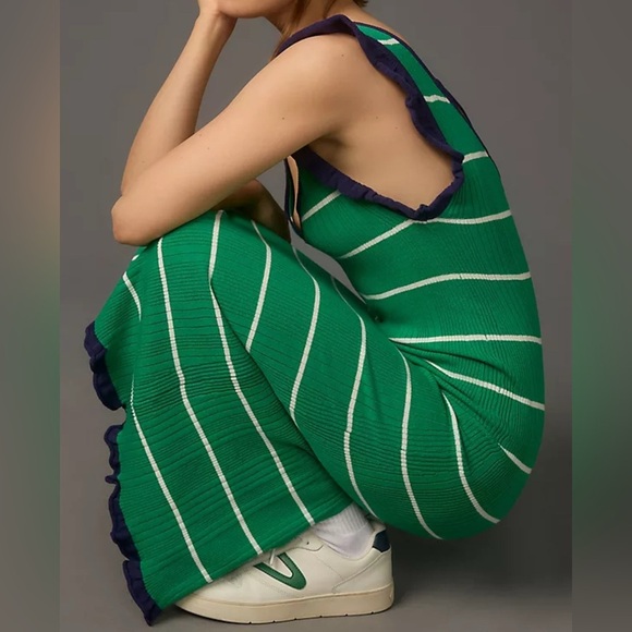 Anthropoligie NWT Daily Practice Green/Navy Striped Dress, Size Medium Petite - Picture 2 of 15